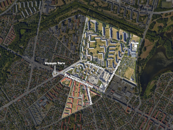 Kort: Områdefornyelsen Husum Nord dækker et område i den nordlige del af Brønshøj og Husum mellem Vestvolden i nord, Husumparken i syd, Mørkhøjvej i Vest og Åkandevej i øst. 